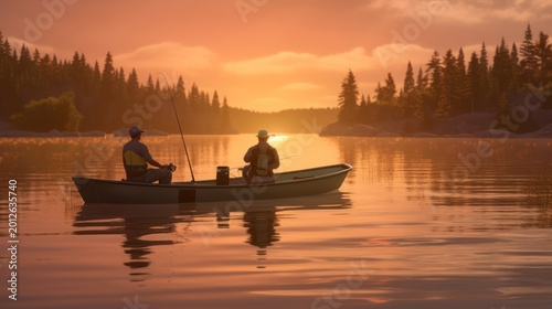 Experience the ultimate tranquility of a golden sunset while fishing on a mirror-like lake.