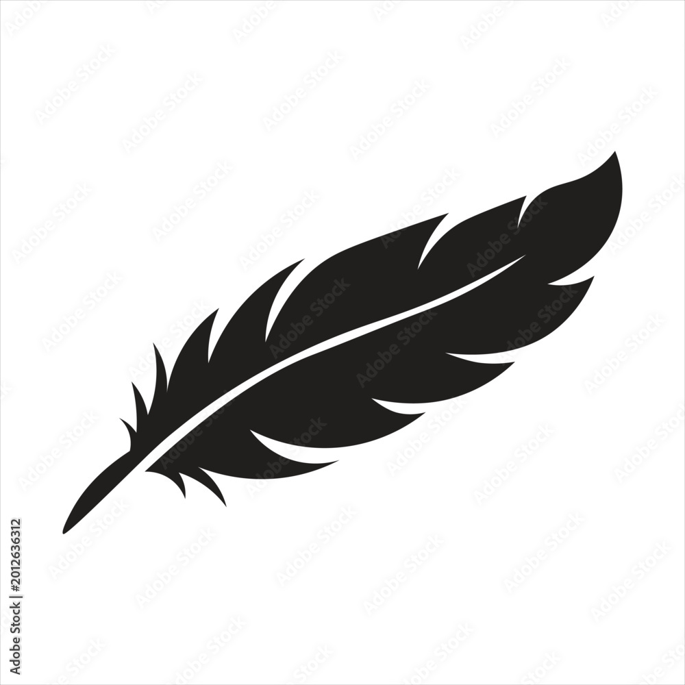 Fototapeta premium black feather silhouette is shown against a white background The feather is depicted in a simple vector