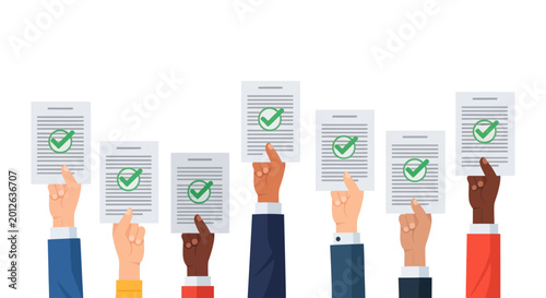 Foto Diverse hands holding up documents with green checkmarks, symbolizing approval and agreement