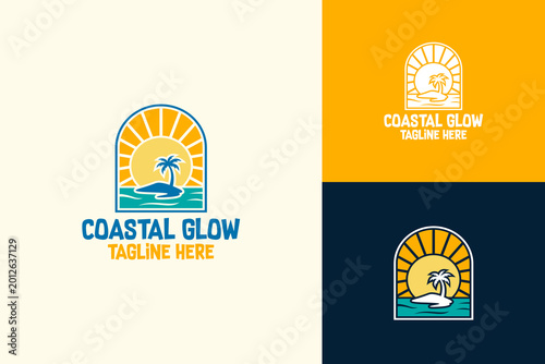 Coastal Glow Beach Scene Illustration with Palm Tree and Sun