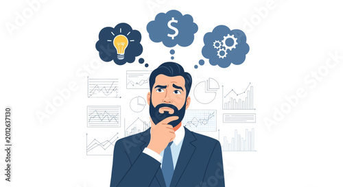 Man thinking about business, money, and ideas with charts.