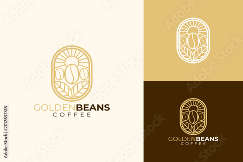Golden Beans Coffee Logo with Sun and Leaves