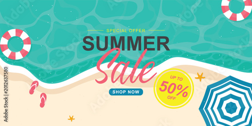 Tableau sur toile Summer Sale: A vibrant banner heralding a summer sale, incorporating a beach scene with ocean waves, beach umbrella, lifesaver, flip-flops, and starfish