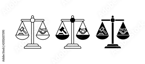 Photos Scales of Justice Vector Icons: Gavel, Handshake, Balance, Law, Agreement, Fairn