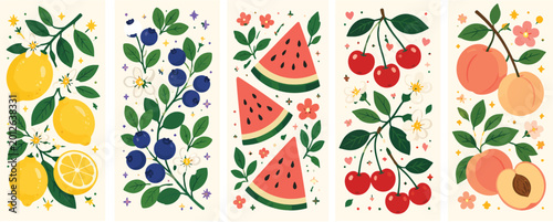 Retro Botanical Fruit Illustration & Summer Bookmark Set