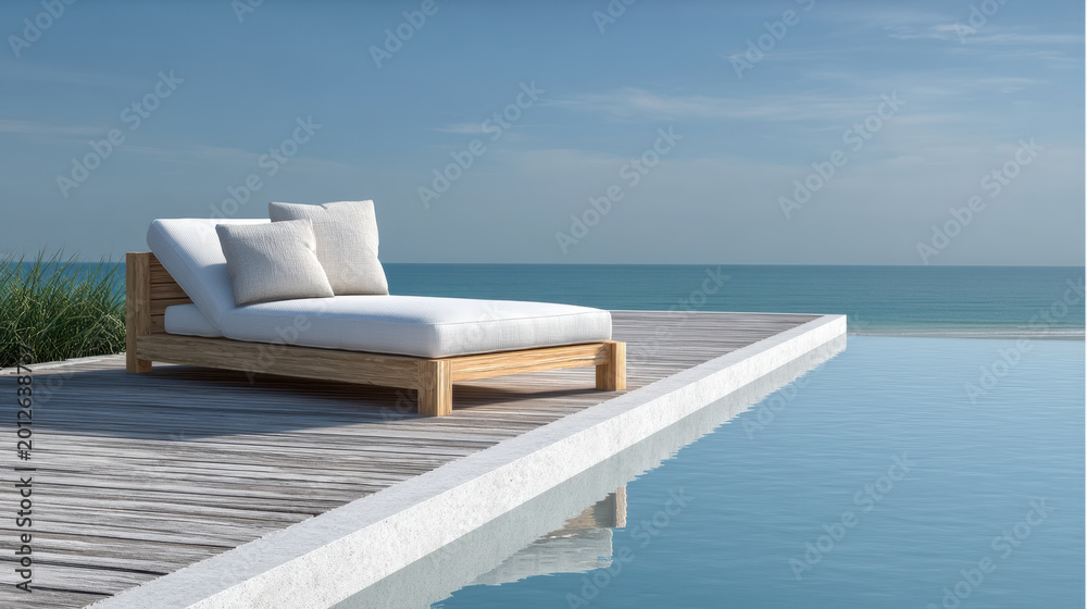 Fototapeta premium Minimalist outdoor lounge chair with white cushion beside infinity pool, ocean view, serene atmosphere, modern coastal design, sunny day