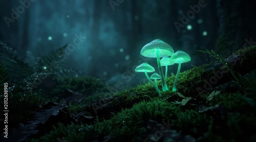 Glowing Mushrooms in Enchanted Forest Bioluminescent Forest Nature Glow Night Fantasy Mystical. Concept featuring bioluminescent, forest, nature, glow, night for professional commercial design.