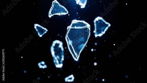 Close-up of shattered ice crystals floating in dark background creating a striking visual effect for cold weather themes and winter season designs