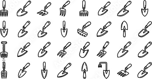 Canvastavla Black and White Line Art Gardening Tools Icon Set: Hand-drawn Outline Shovels, T