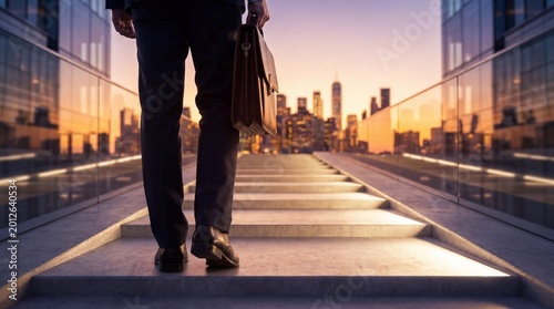 Tableau sur toile Professional businessman ascending sleek modern stairs with a briefcase towards a dynamic city skyline at dawn