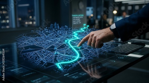 Futuristic Smart City Navigation Interface with AI Route Optimization