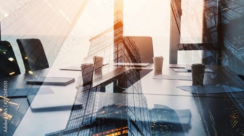 Canvastavla Modern corporate double exposure with sleek city skyscrapers reflecting in a professional office interior design