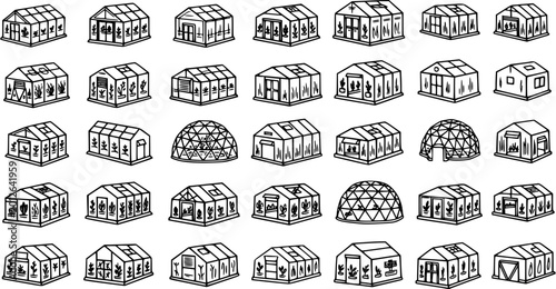 Photos Black and White Line Art Illustrations of Various Greenhouse Designs for Agricul