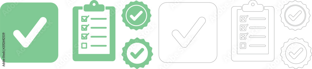 Fototapeta premium Green and outline check mark and clipboard tick correct