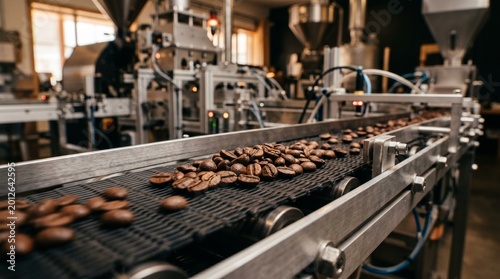 Macro coffee bean sorting conveyor in modern processing facility