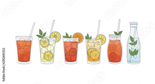 Foto A refreshing assortment of summer beverages with fruit and ice.