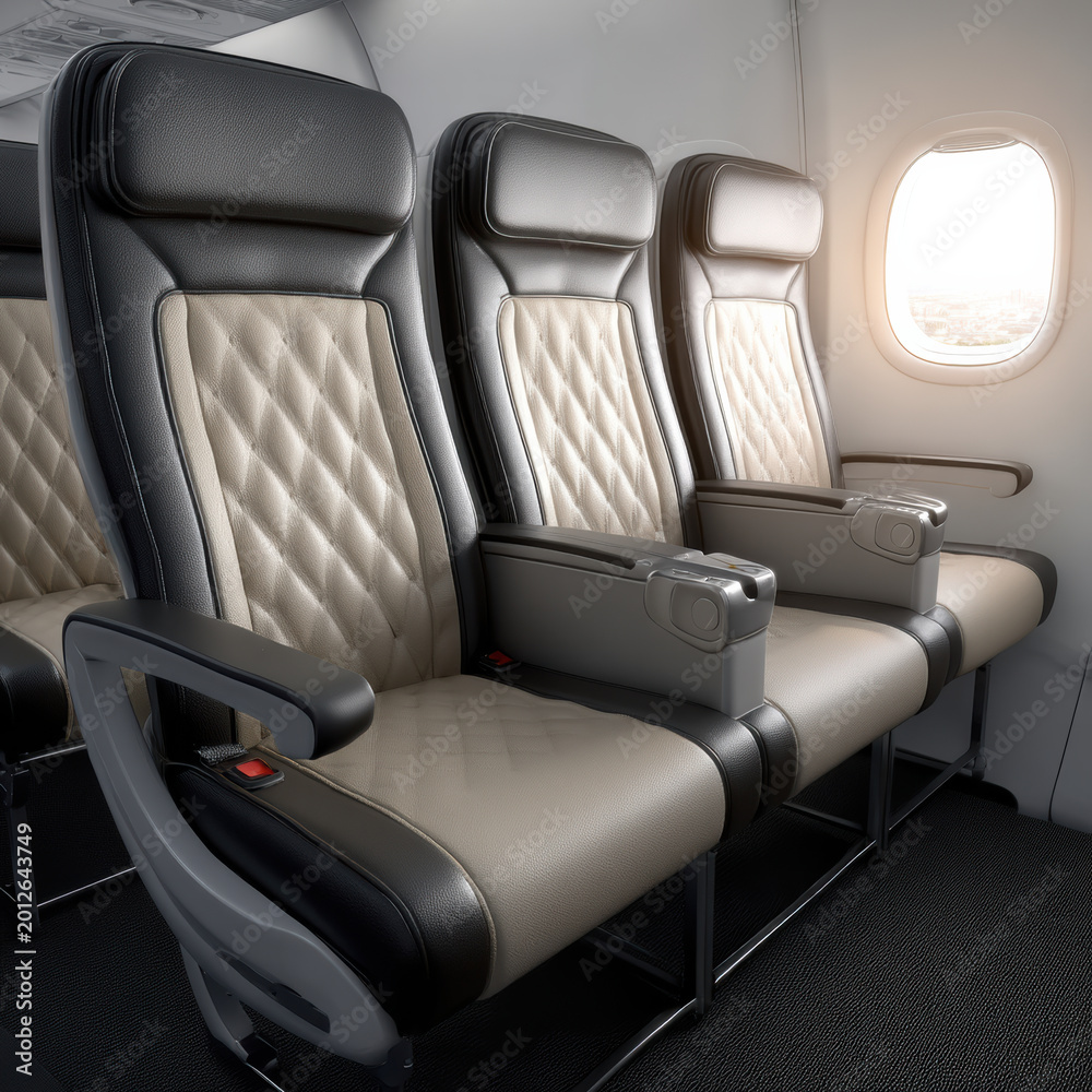Fototapeta premium Luxurious airplane seat leather upholstery diamond stitching modern cabin window view comfortable premium travel