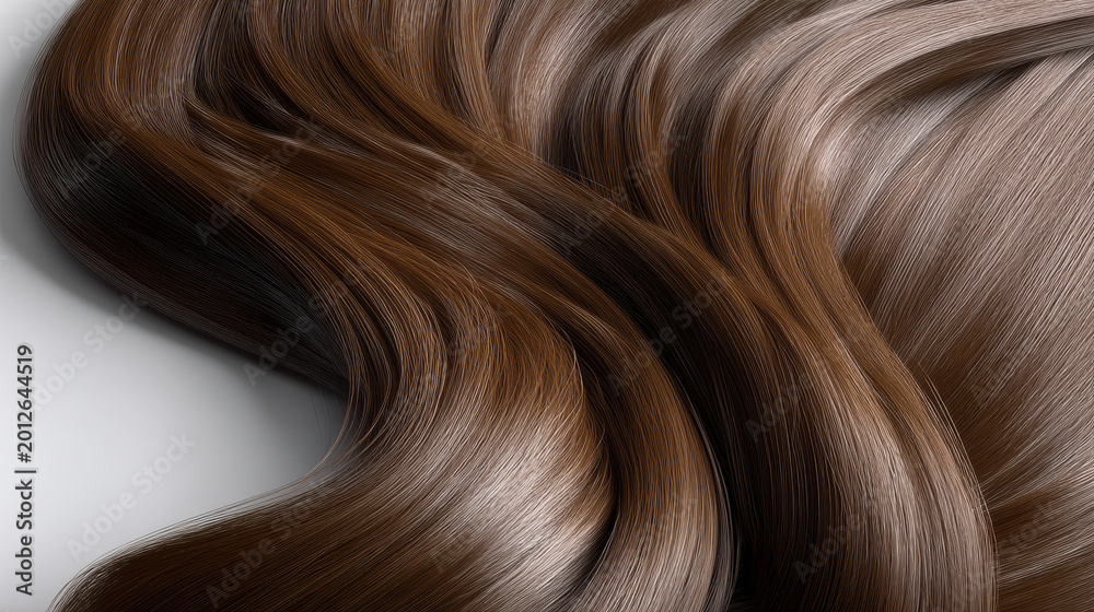Fototapeta premium Smooth brown hair shiny texture healthy strand closeup natural color soft wave beauty haircare elegance glossy finish