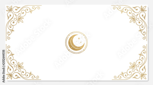 Elegant Islamic Pattern Frame with Central Crescent Moon Illustration.