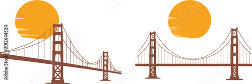 Fotografi Golden Gate style suspension bridge silhouettes with vibrant sunset backgrounds
