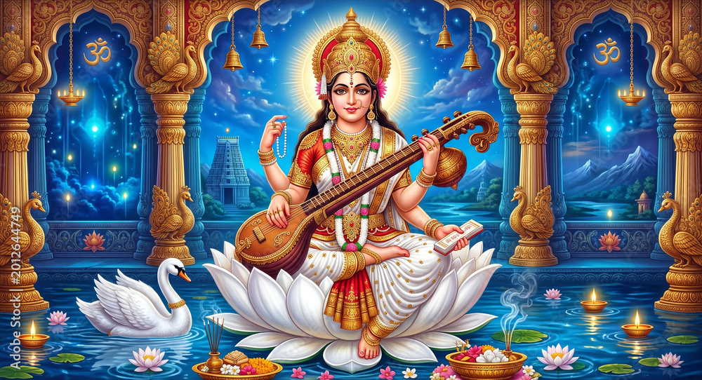 Fototapeta premium Divine Goddess Saraswati in Golden Temple Palace Spiritual Hindu Devotional Art with Veena and Lotus Lake