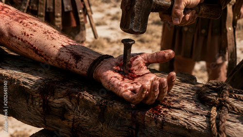 Closeup of a roman soldier hammering a nail into a hand during crucifixion