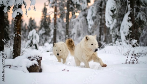 Two White Wolves in Snow Forest.