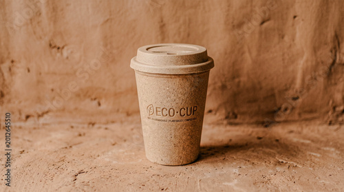 Minimal 3D biodegradable coffee cup in earth tones on soft clay background