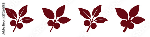 Fotografi Burgundy coffee branch silhouettes, set of 4 botanical leaf and bean icons, dark
