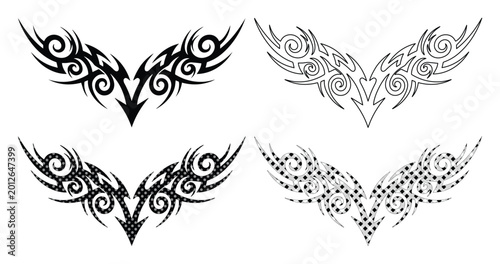Cuadro en lienzo Tribal tattoo wing set with 4 vector elements, black decorative swirl patterns,