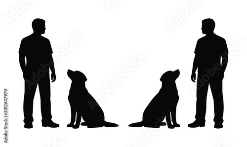 Cuadro en lienzo Black silhouette of men with dogs, male owner and pet labrador retriever vector,