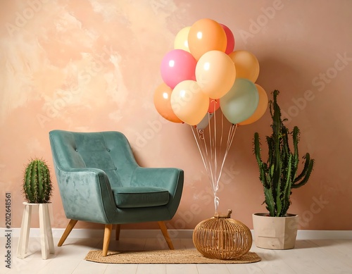 A pastel-hued room showcases an upholstered chair, decorative balloons, cacti, and a unique textured wall backdrop, creating a welcoming ambience
