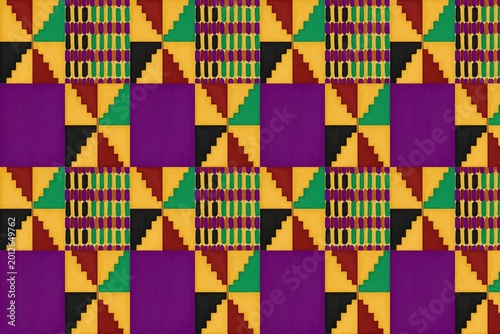 Tableau sur toile Vibrant Kente Cloth Pattern: Geometric Squares and Triangles in Bold Colors