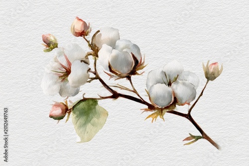 Delicate cotton plant artwork: watercolor branch with blooms on white