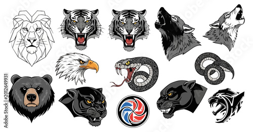 Animal heads vector illustrations black background isolated