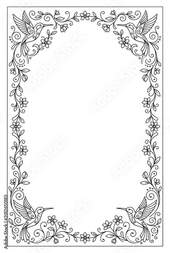This captivating design features graceful hummingbirds amidst delicate floral elements, serving as a charming border perfect for invitations and decorative projects.