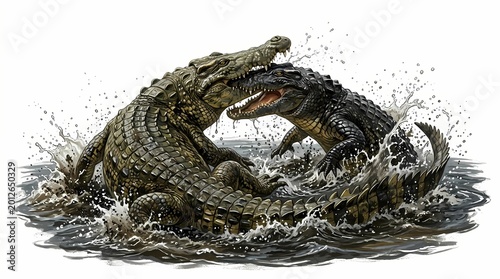 Two large crocodiles fighting in splashing water with biting action isolated on white background 202405221200
