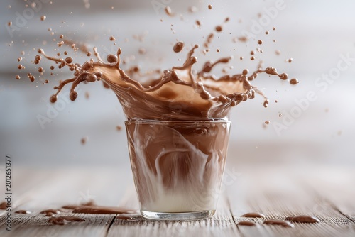 Dynamic collision of chocolate and white milk creating globules and foam