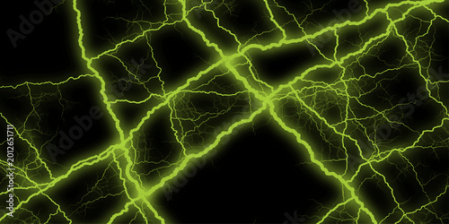 Massive lightning bolt with branches isolated on black background. Abstract green veins on black background resembling lightning bolt or cracked surface texture. black and green abstract background. 