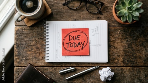 Urgent due today deadline reminder on a red sticky note for task completion.