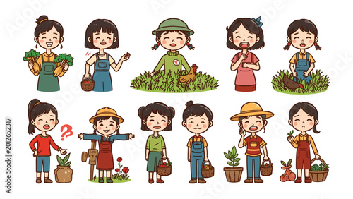 Cuadro en lienzo Joyful Gardeners: Charming illustrations depict cheerful gardeners engaging in various gardening activities, each brimming with glee and a passion for nurturing nature