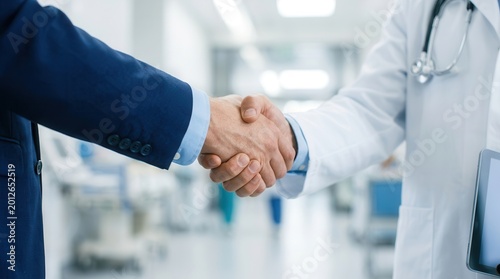 Physician and pharmaceutical representative shaking hands after a successful business partnership negotiation.