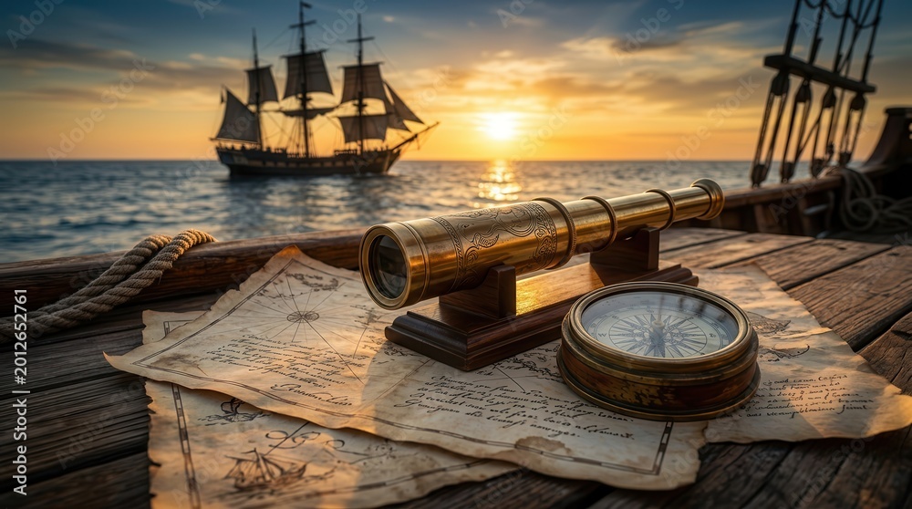 Naklejka premium A pirate ship sailing on the ocean during a golden sunset with a telescope on the deck.