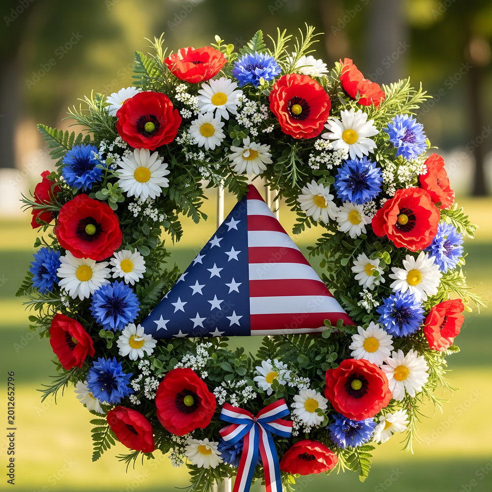 Fototapeta premium Patriotic Memorial Wreath with Red Poppies, Blue Cornflowers, and White Daisies Encircling Folded American Flag on a Green Lawn Background