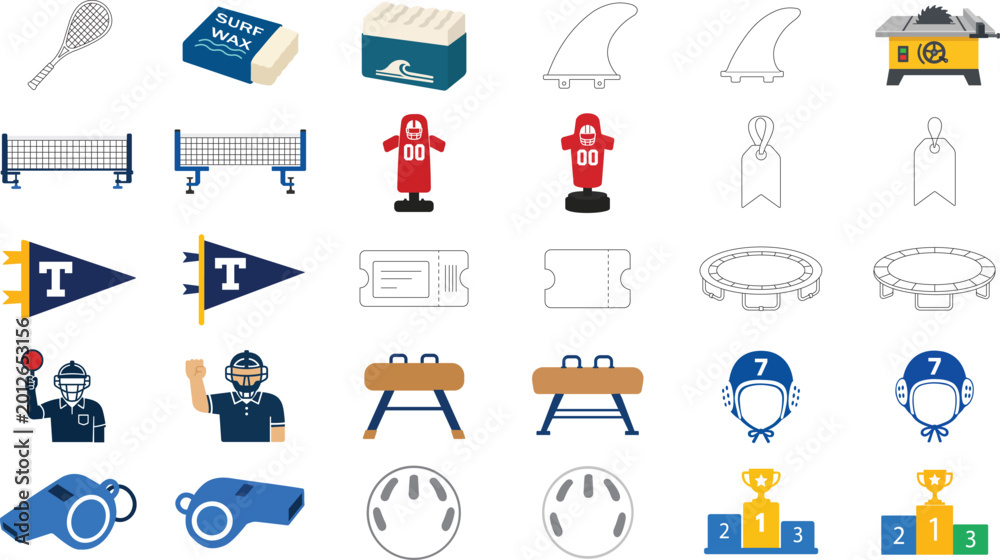Fototapeta premium Vector Icon Set Featuring Sports Equipment, Athletic Training Gear, and Competition Essentials Including Surfboard Fins, Gymnastics Vaulting Horse, Water Polo Caps, and Ticket Stubs in a Minimalist