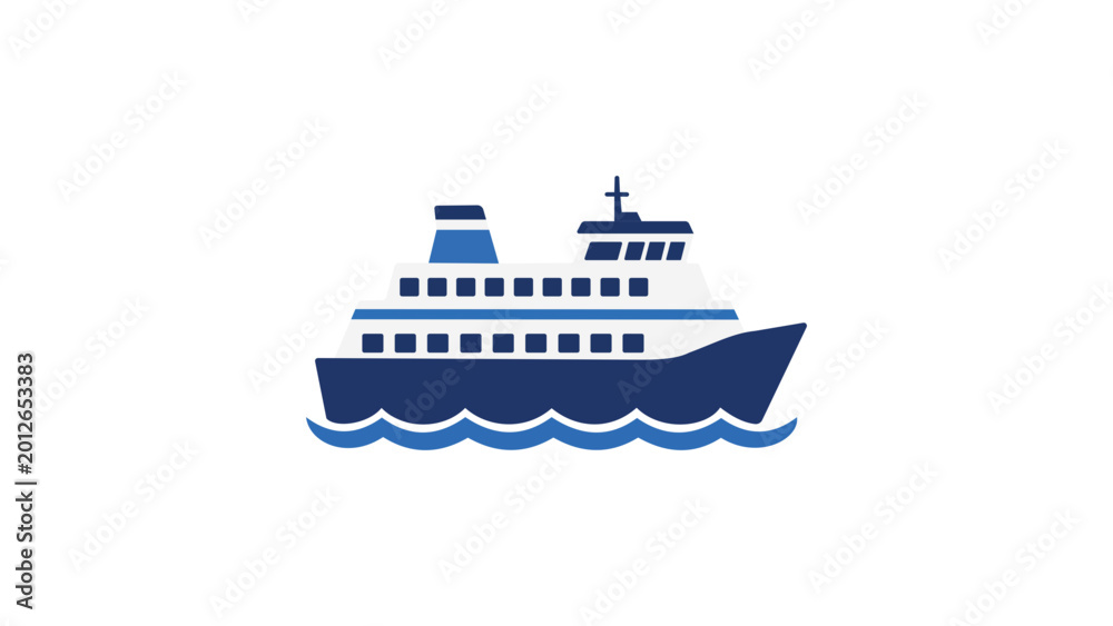Fototapeta premium Modern passenger ferry vector icon for nautical travel and maritime transport concepts, minimalist hand-drawn illustration of a commercial boat vessel for web design and tourism projects.