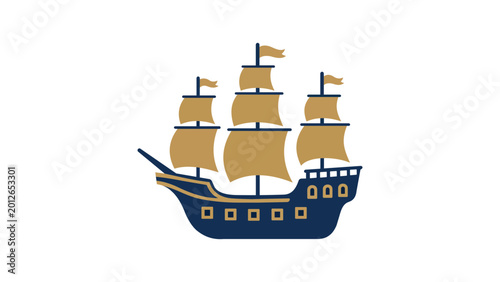 Konstfotografi Elegant vector icon illustration of a majestic galleon ship on the ocean waves, hand-drawn minimalist line art of a historic sailing vessel for nautical branding and marine travel designs