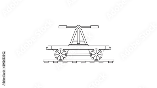 Minimalist vector icon of a classic railway handcar with an editable stroke, perfect for vintage transportation designs, railway industry illustrations, and customizable line art projects.