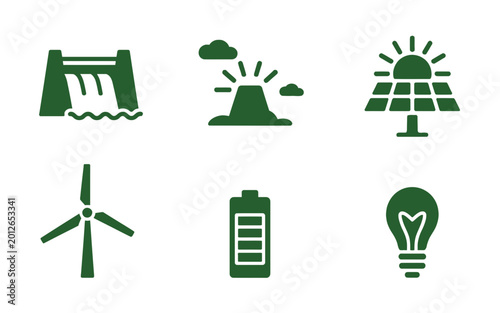Bild auf Leinwand Set of six green renewable energy icons including hydro dam, geothermal, solar p