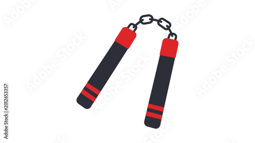 Photography Professional nunchaku vector icon illustration of classical martial arts weaponry featuring a minimalist design for sports branding, physical training concepts and combat gear presentations